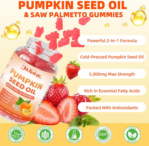 Gummies 60 Count Pumpkin Seed Oil Supplement with Saw Palmetto for Hair Growth & Skin Health Support, High Pure Extract