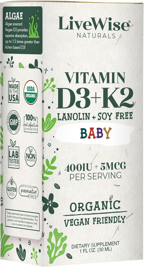 Vitamin D3 and K2 Liquid Drops, Baby Vitamin D Drops with Organic MCT Oil for Healthy Bones