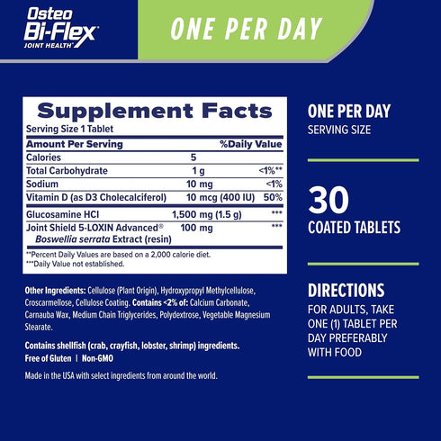 Immune 30 Osteo Bi-Flex One Per Day Vitamin D Supplement, Improve Joint Function, Support Bone and Health, Coated