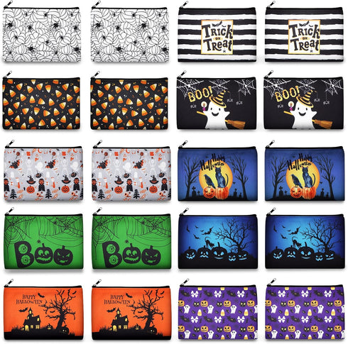 Reginary 20 Pcs Halloween Cosmetic Bags, Trick or Treat Gift Bags for Kids, Double Sided Printed Makeup Pouch with