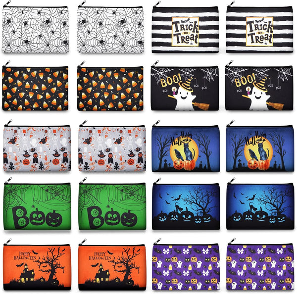 Reginary 20 Pcs Halloween Cosmetic Bags, Trick or Treat Gift Bags for Kids, Double Sided Printed Makeup Pouch with
