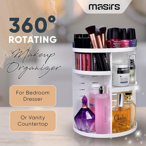 Masirs 360 Rotating Makeup Organizer - Adjustable Shelf Height and Fully Rotatable. The Perfect Cosmetic Organizer for Bedroom Dresser or Vanity Countertop. (White) by Masirs