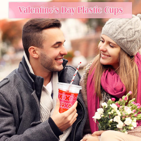 Yaomiao 300 12 oz Set Pcs Valentine's Day Plastic Party Cups with Lids and Straw Valentine's Day Plastic Cup Heart