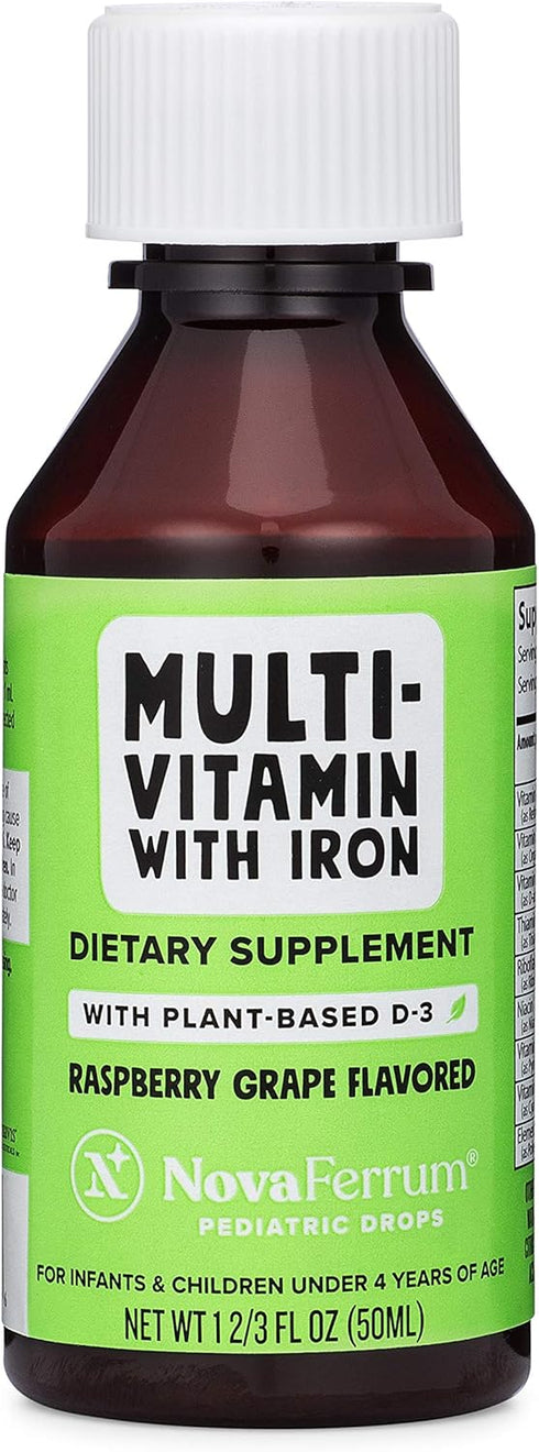 NovaFerrum Delish Vegan Multivitamin with Iron for Infants, Toddlers & Kids | Organic Plant-Based D-3 | 1.69 Fl Oz