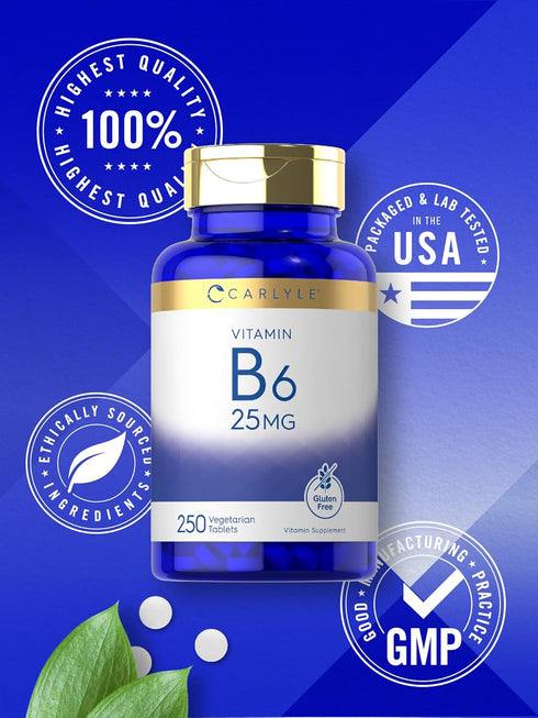 Carlyle Vitamin B6 25 mg, 250 Tablets, Vegetarian, Non-GMO, Gluten Free