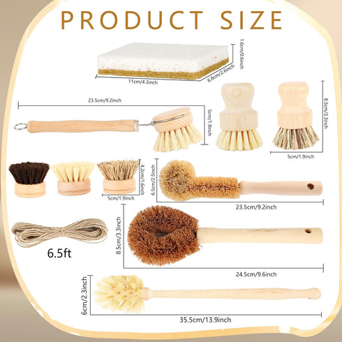 Swakuta 12 Set 65 Pcs Bamboo Dish Brush with Ft Hemp Rope Wooden Palm Pot Brush Natural Scrubbers Brushes Sisal