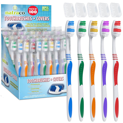Bulk Toothbrush Pack with Covers, Premium Quality, Individually Wrapped Colorful Tooth Brushes, 100