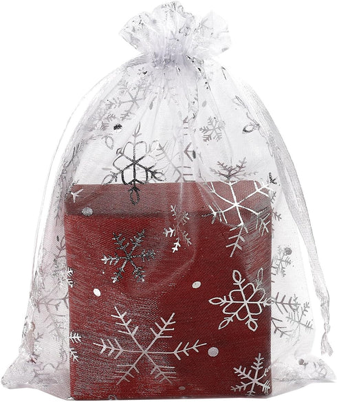 SUNGULF 100pcs Snowflake Organza Pouch Bag - Drawstring Strong Christmas Gift Candy Jewelry Party Wedding Favor Bags