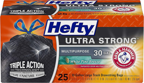 Hefty Ultra Strong Multipurpose Trash Bags, Black Large Flexible Bags with Drawstring, White Pine Breeze Scent, 30 Gallon Bags, 25 CT Bags Per Pack (Pack of 2) by Hefty