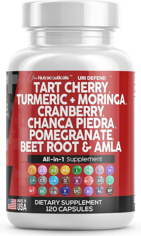 Clean Nutraceuticals Tart Cherry Extract Capsules 20,000mg, 120 Ct - with Turmeric 8000mg, Moringa 4000mg, Cranberry