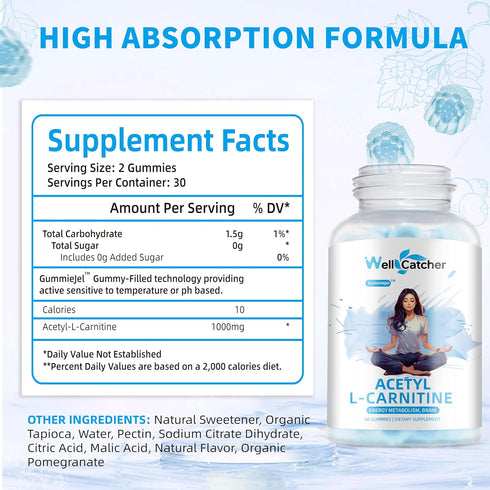 Acetyl L-Carnitine Gummies 1000 MG - Sugar Free L-Carnitine Supplement for Muscular Endurance