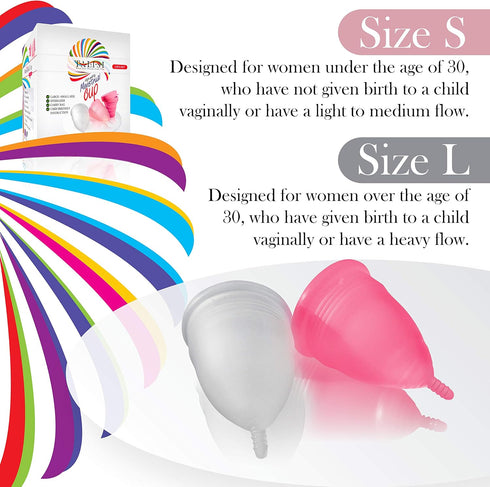 Talisi Menstrual Cups Set of 2, Soft Reusable Period Kit with Collapsible Cleaner Silicone Sterilizer (Small & Large)