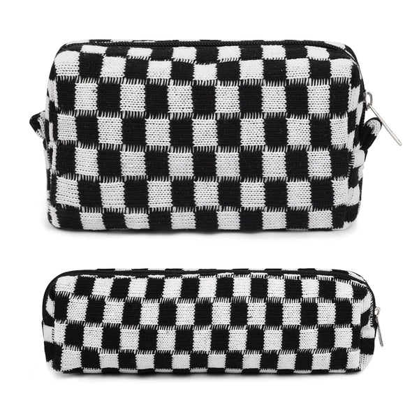 Makeup Bag Checkered Cosmetic Bag - Black Makeup Pouch with Large Capacity and Makeup Brushes Storage Bag