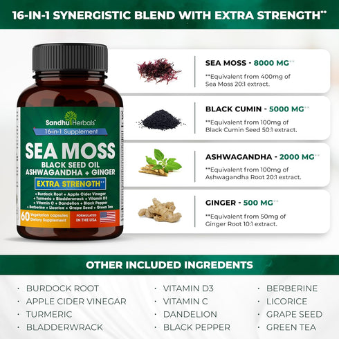 Sea Moss Black Seed Oil, Ashwagandha, Ginger, Burdock Root, Turmeric, 60 Capsules, Made in USA