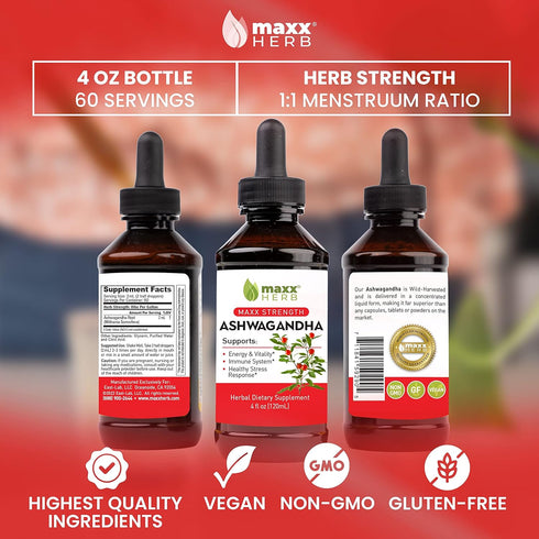 Immune 4 Oz (60 Maxx Herb Ashwagandha Extract Max Strength Liquid Tincture Absorbs Better Than Capsules or Powder