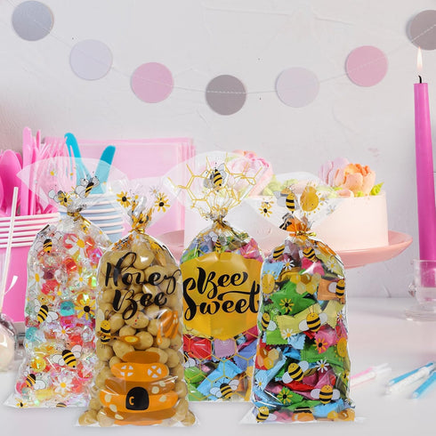 Ymapinc 50Pcs (4 Bee Gift Bag with Handles, Plastic Clear Handle Bags for Favors, Honey Bee Bags, Yellow Bag for Bees