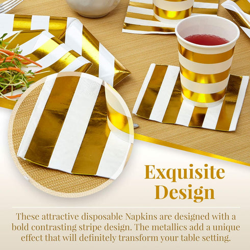SILVER SPOONS Gold Napkins for Wedding Reception - 36 Piece, 5” x 5” 3-ply Cocktail Napkins for Party, Stripe Design
