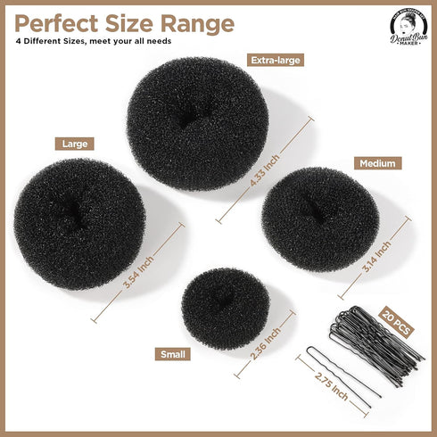 Teenitor Hair Donut, Hair Bun Maker, Black (Extra-large, Large, Medium and Small)
