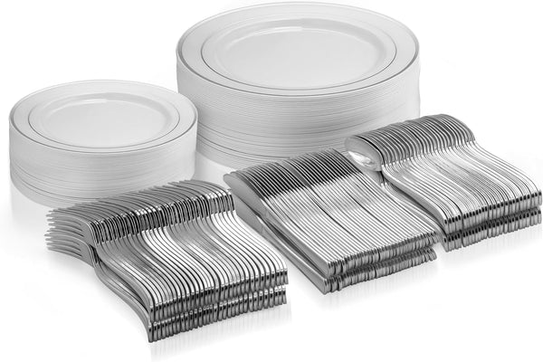 125 Piece Silver Dinnerware Party Set - 50 Silver Rim Plastic Plates, 25 Dinner Plates, 25 Dessert Plates, 25 Forks, 25