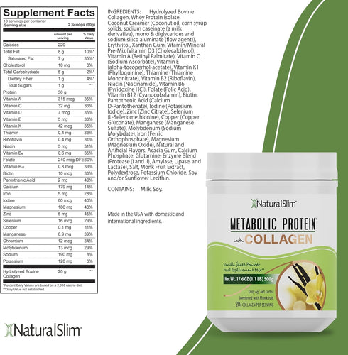 NaturalSlim Metabolic Protein Powder with Collagen Vanilla - Low Carb Meal Replacement Shake Mix - 17.6 oz for Hair,