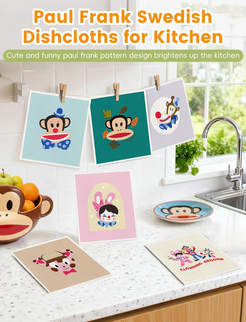 Paul Frank 6 Pack Swedish Dishcloths for Kitchen, Funny Swedish Dish Cloths Reusable Paper Towels, Super Absorbent Dish