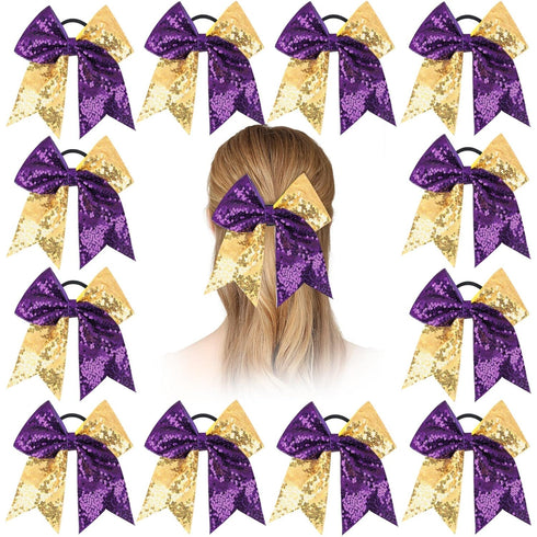 Oaoleer 12 Count 7" Hair Ties for Girls - Large Sparkly Sequin Glitter Cheer Bows, Purple & Gold
