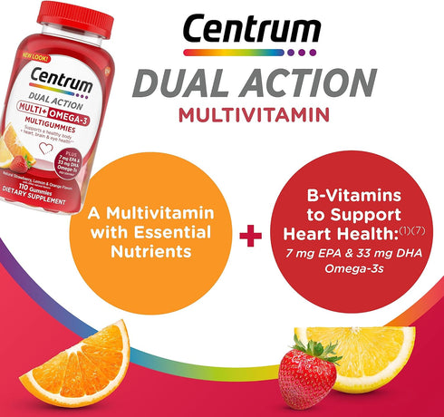 Centrum MultiGummies Multi+ Omega 3 Dual Action, 110 Count, Adult Multivitamin, Strawberry/Lemon/Orange Flavors
