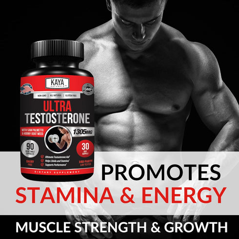 Kaya Naturals Ultra Testosterone - Men's Booster with Tongkat Ali, Horny Goat Weed, Tribulus - 90 Count