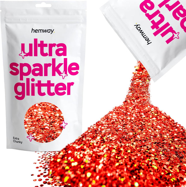 Hemway Premium Ultra Sparkle Glitter - Multi Purpose Metallic Flake for Arts, Crafts, Nails, Red Holographic