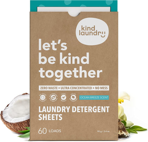 Kind Laundry Detergent Sheets, Biodegradable Plant Powered Eco-Friendly Laundry Soap Sheets, Ocean Breeze, 60 Loads