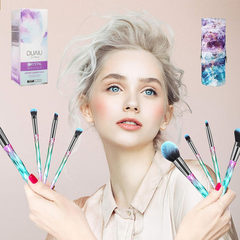 DUAIU Makeup Brushes, 15 Pcs Premium Synthetic Bristles Crystal Handle Set, Kabuki Foundation Brush with Gift Box (Blue)