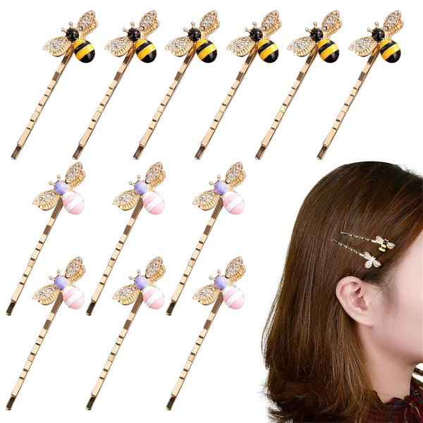 Luckycivia 12 Pcs Metal Cute Bee Hairpin, Exquisite Alloy Crystal Bee Hair Side Clips, Honeybee Hair Accessories for