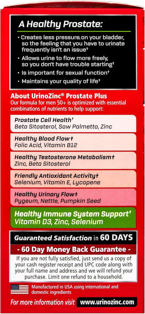 Urinozinc Prostate Plus Supplement for Men, Saw Palmetto & Beta Sitosterol, 120 Count, 2 Month Supply