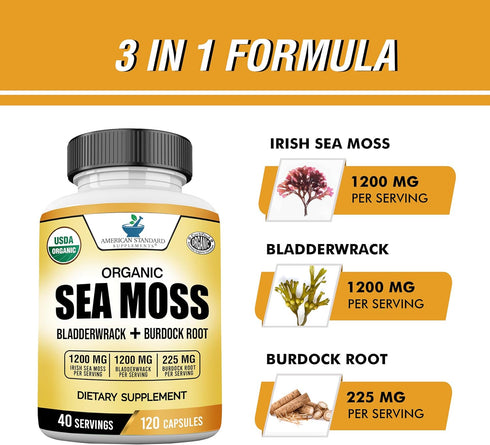 American Standard Supplements Organic Sea Moss, Bladderwrack & Burdock Root Capsules, 1200mg, 120 Capsules