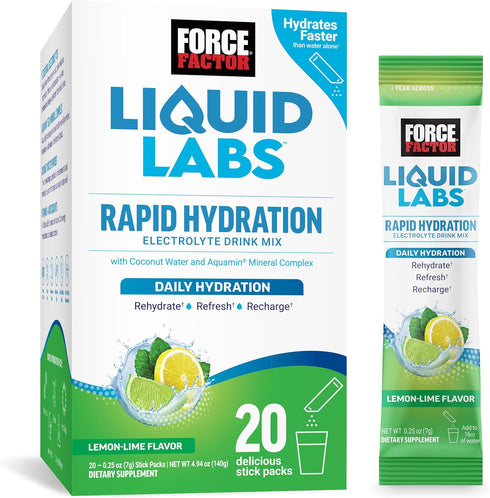 FORCE FACTOR Liquid Labs Electrolytes Powder - Hydration Packets with 5 Essential Electrolytes, Lemon-Lime Flavor, 20