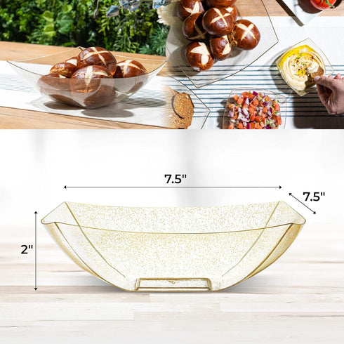 Posh Setting Square Plastic Serving Bowls, Medium Gold Glitter Disposable Party Snack Bowls, 4 Pack Heavy Duty for