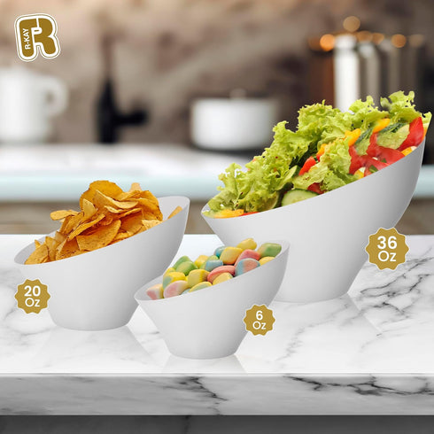 R-kay 6 Pack Angled White Plastic Serving Bowls, 6 Oz, Heavy Duty Disposable Bowls for Events
