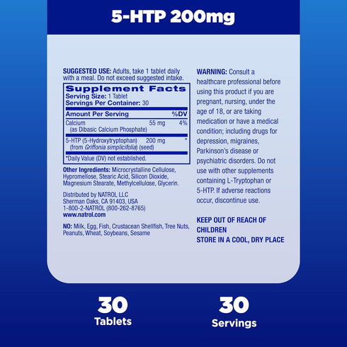 Natrol Mood + Stress 5-HTP 200mg Time Release Tablets, 30 Count, 30 Day Supply