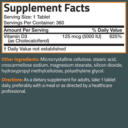 Bronson Vitamin D3 5,000 IU (125 MCG), 360 Tablets, 1 Year Supply for Healthy Muscle Function and Immune Support