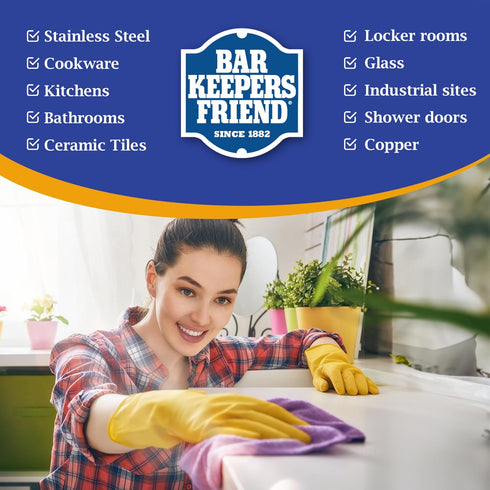 Bundle - Bar Keepers Friend 13oz Cleanser & Polish with Microfiber Towel & Scouring Pad for Kitchen, Bathroom