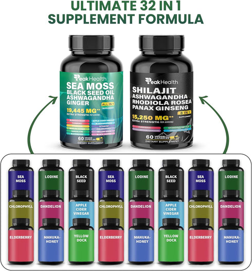 Woman,2 Rhodiola,19,445mg Immune 60 Peakhealth Shilajit Sea Moss Black Seed Oil Ashwagandha Capsules for Man Bottle