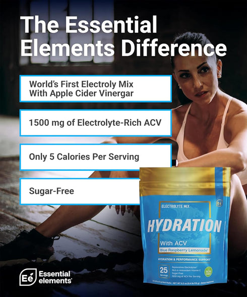 Essential Elements Hydration Packets - Blue Raspberry, Sugar Free Electrolytes Powder, 25 Stick Packs with ACV &