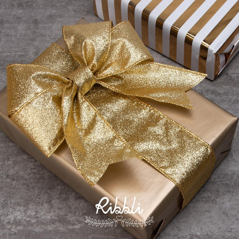 Ribbli Gold Glitter Wired Ribbon with Gold Metallic Edge,Christmas Ribbon for Wreath, Tree Decoration, Home Decor, 2-1/2 Inch x 10 Yards by Ribbli