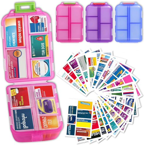 iouwei Large Pill Organizer with Medicine Labels, Travel Daily Pill Container, Mini Medication