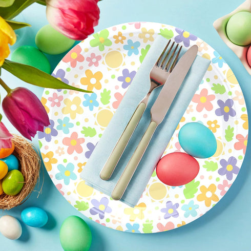 wonmon 30 9 Inch PCS Disposable Easter Paper Plates, Round Colorful Easter Flower Plate Spring Dessert Cake Plates