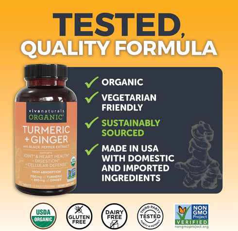 Organic Turmeric and Ginger Tablets, 90 Count - High Potency Supplement with Black Pepper for Joint & Heart Health