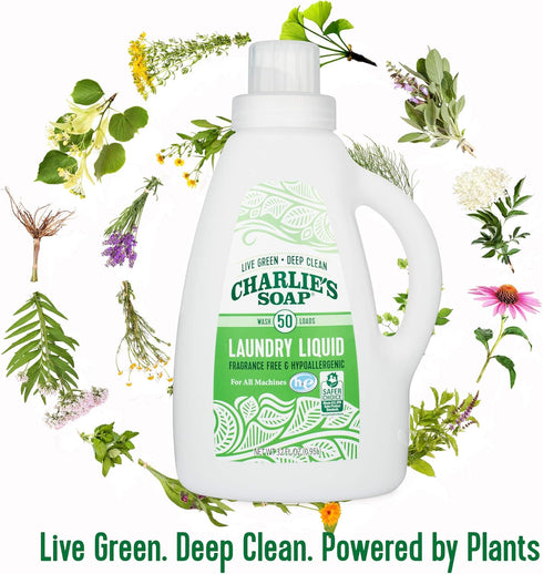 Charlie's Soap Fragrance Free Laundry Liquid, 50 Loads, One 50-Load Bottle.