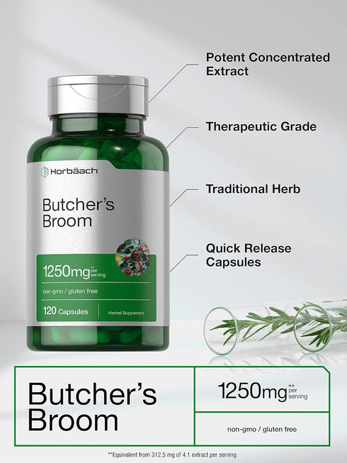 Horbaach Butchers Broom Capsules 1250mg, 120 Count, Non-GMO, Gluten Free Supplement