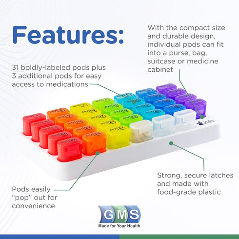 Monthly Pill Organizer - 31 Day Pop Out Pill Pods for Vitamins, Supplements & Medications - Rainbow