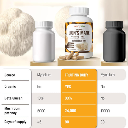 Immune 180 MERRY VITA Lions Mane Supplement Capsules Mushroom Supplement for Brain, Memory & Focus - Non GMO, Vegan